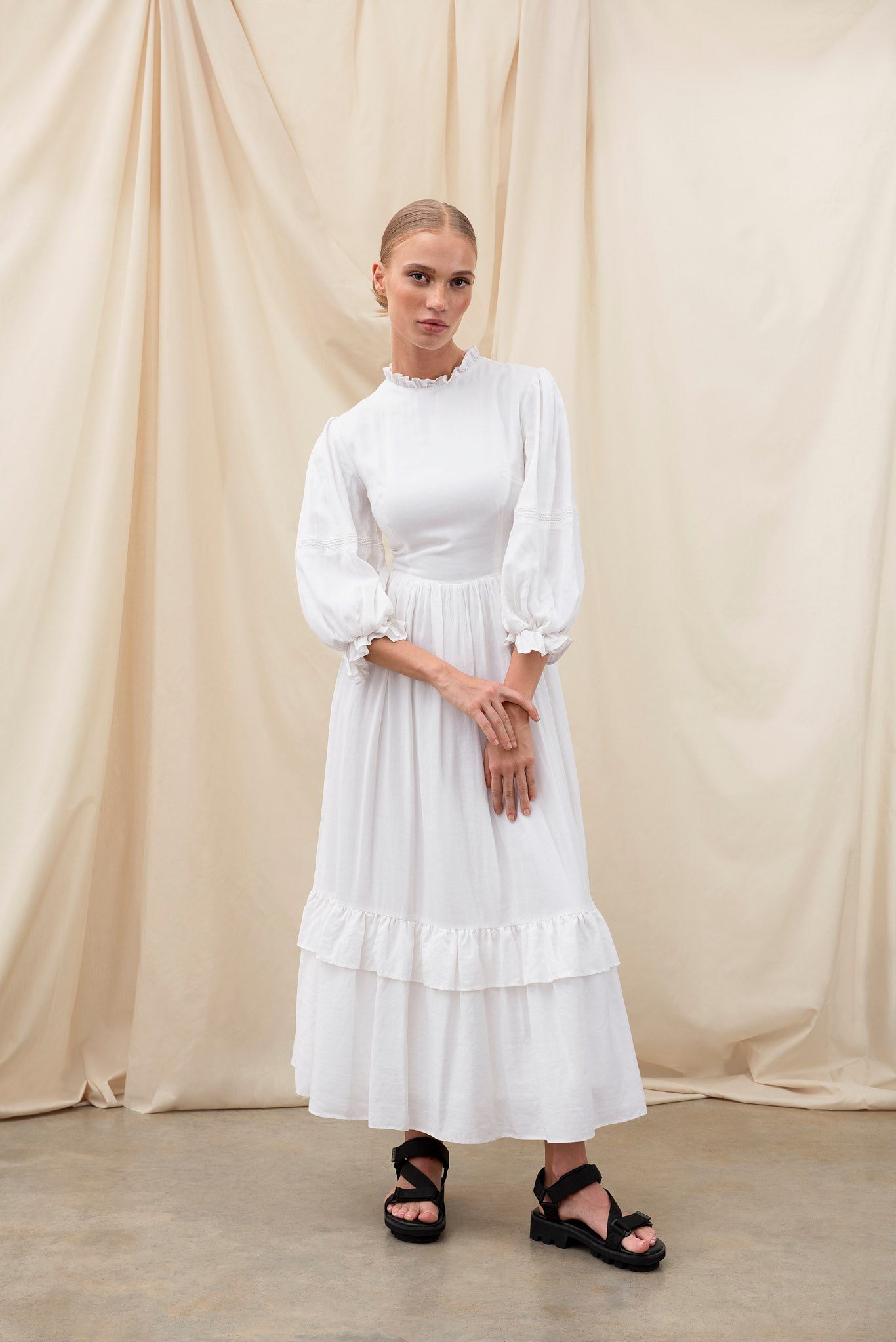 White Satin Maxi Dress - Chic Ruffled Maxi - Flutter Sleeve Gown