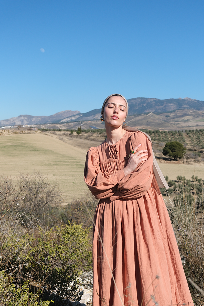 Apricot Tie-Neck Maxi Dress