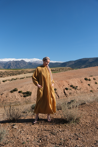 Gathered Neck Mustard Maxi Dress