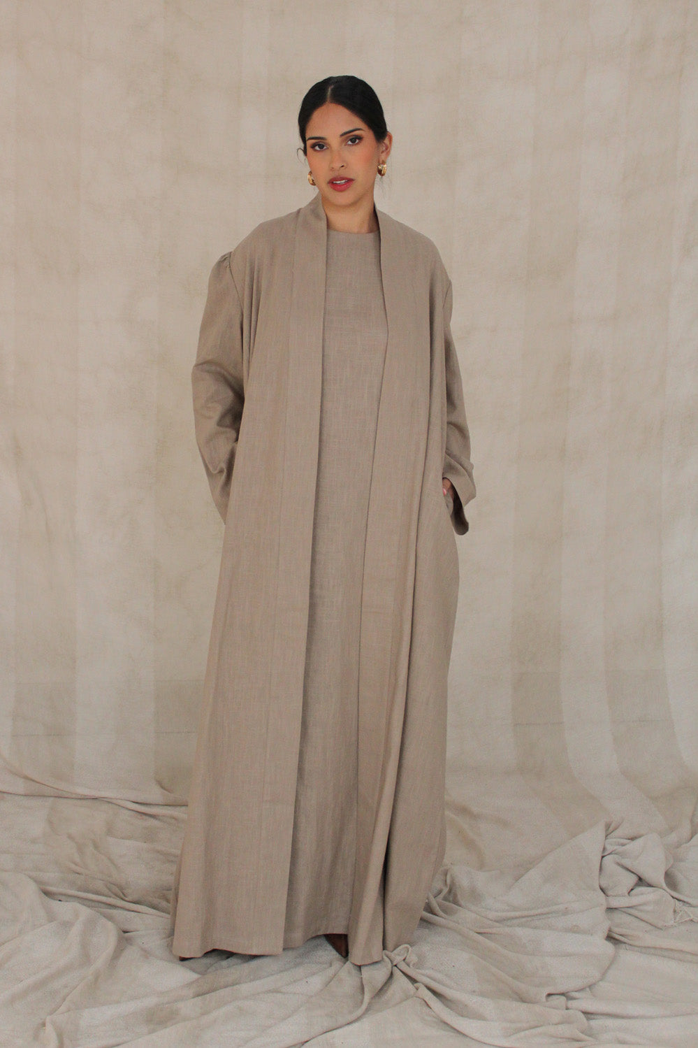 Warm Grey Wide Sleeve Kimono Slip Dress Set
