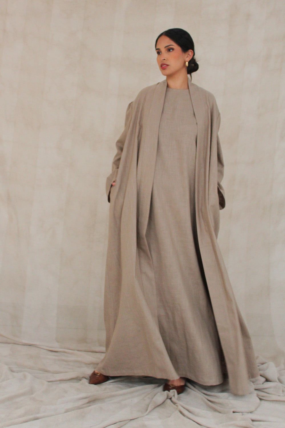 Warm Grey Wide Sleeve Kimono Slip Dress Set
