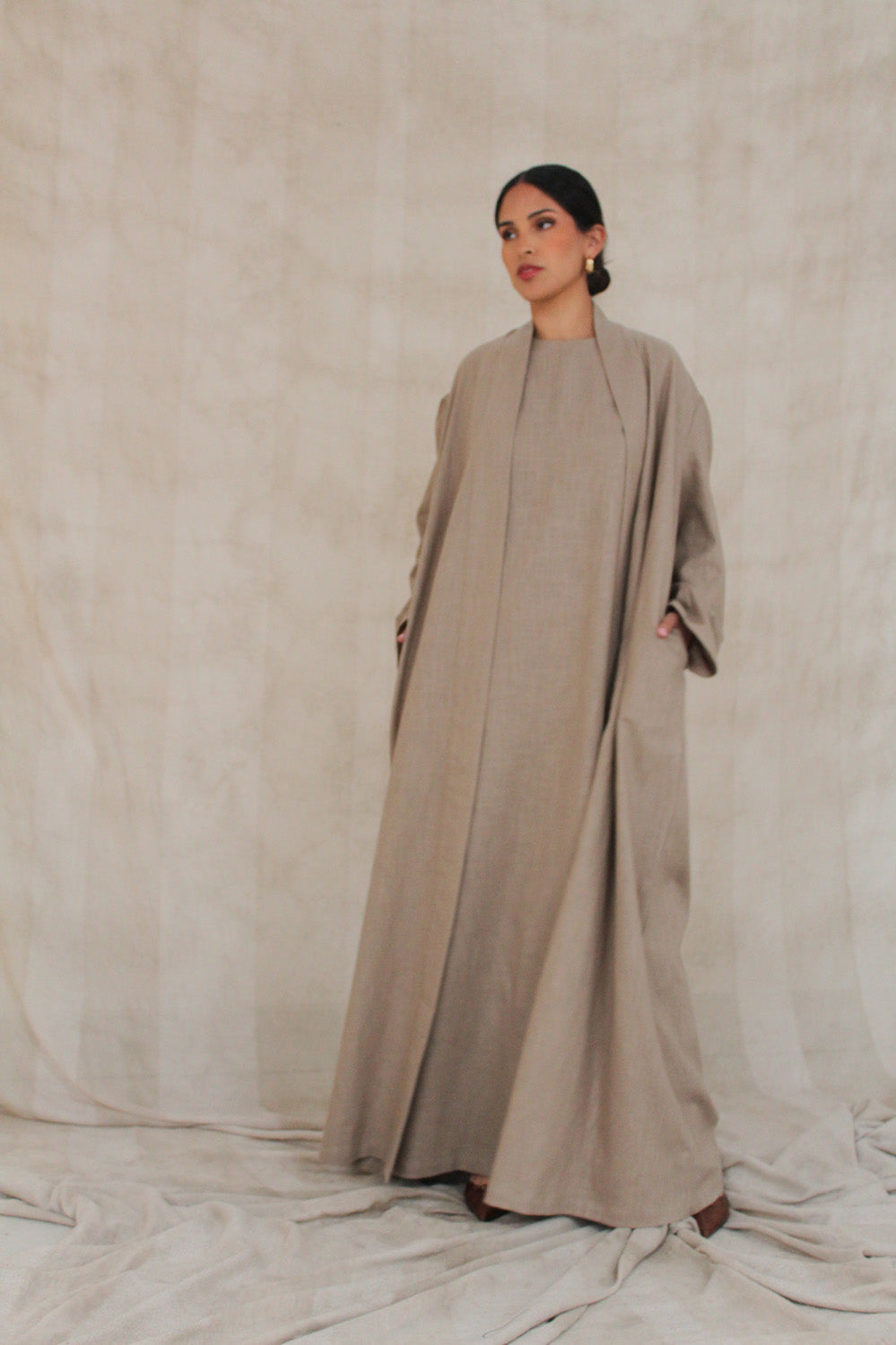 Warm Grey Wide Sleeve Kimono Slip Dress Set