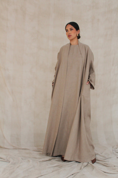 Warm Grey Wide Sleeve Kimono Slip Dress Set