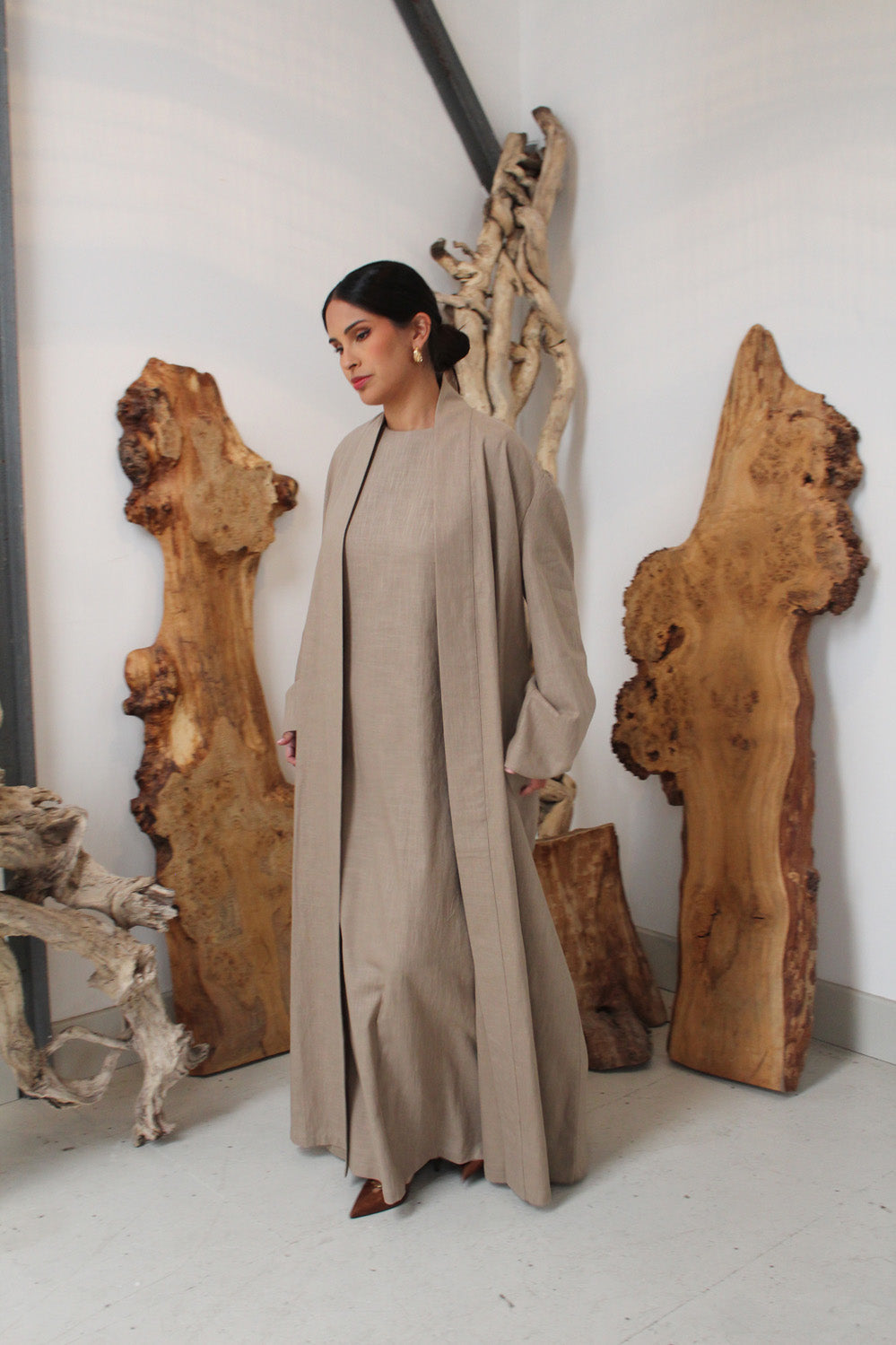 Warm Grey Wide Sleeve Kimono Slip Dress Set