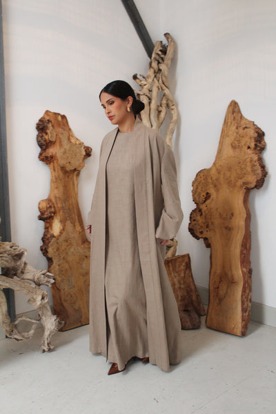 Warm Grey Wide Sleeve Kimono Slip Dress Set