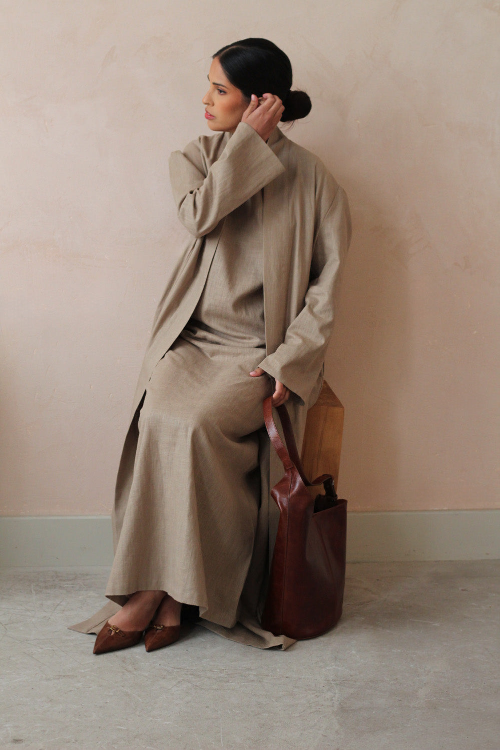 Warm Grey Wide Sleeve Kimono Slip Dress Set