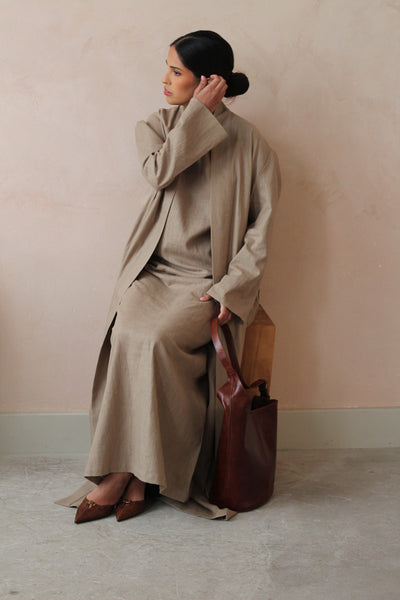 Warm Grey Wide Sleeve Kimono Slip Dress Set