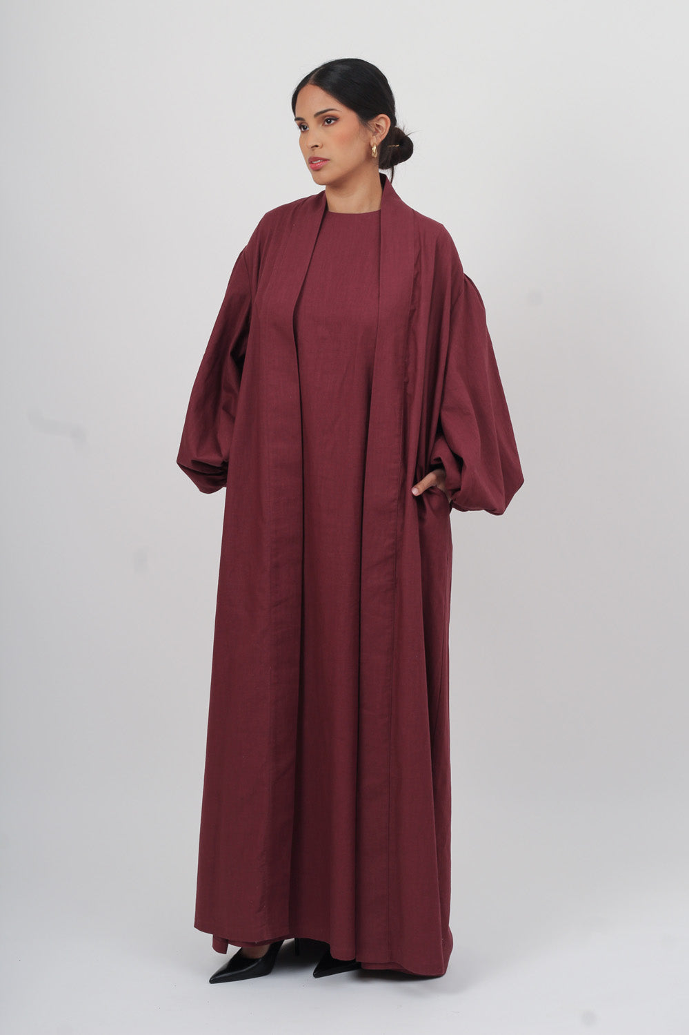 Burgundy Linen Cotton Bell Sleeve Kimono and Slip Set