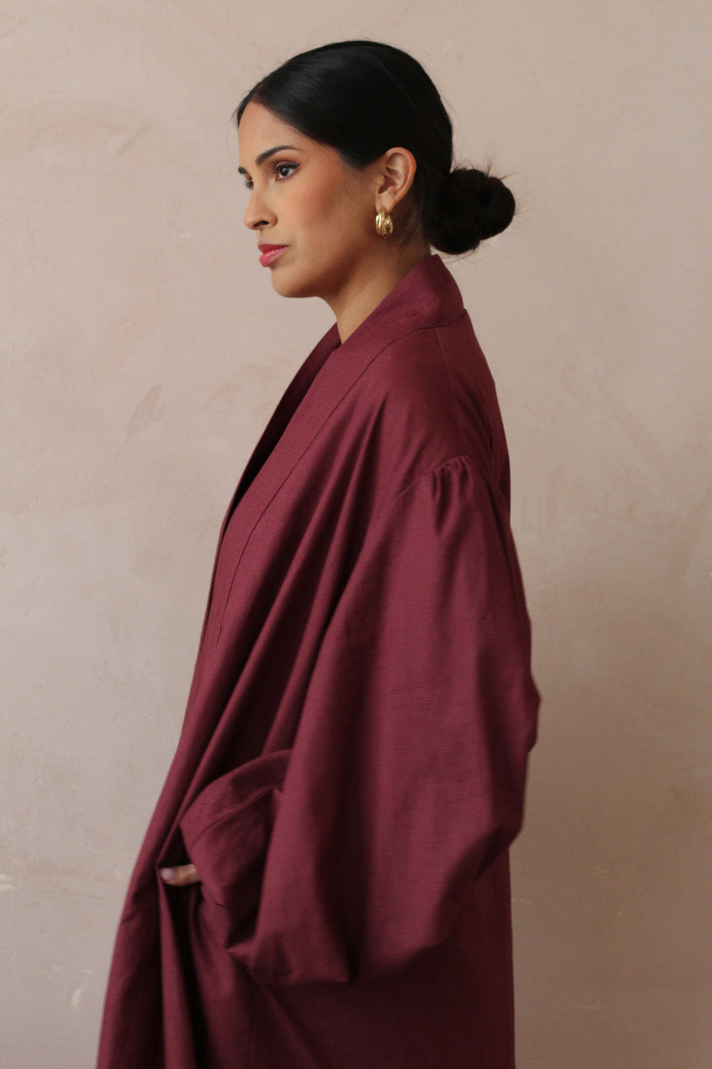 Burgundy Linen Cotton Bell Sleeve Kimono and Slip Set