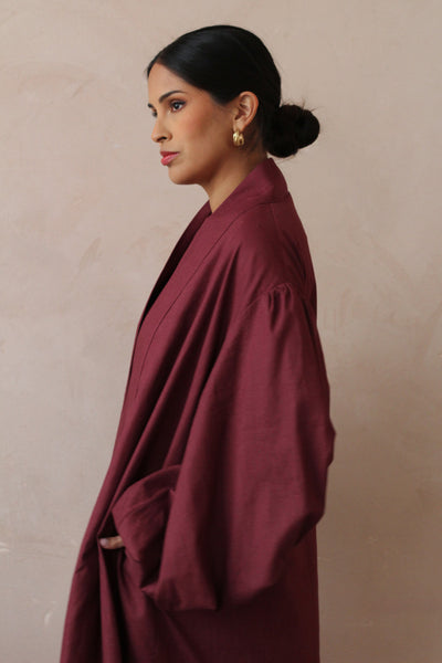 Burgundy Linen Cotton Bell Sleeve Kimono and Slip Set