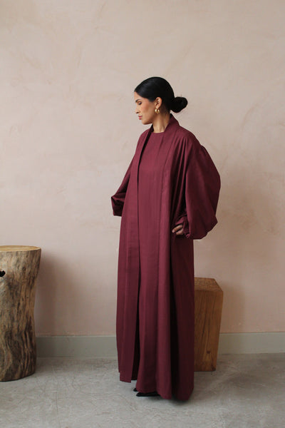Burgundy Linen Cotton Bell Sleeve Kimono and Slip Set