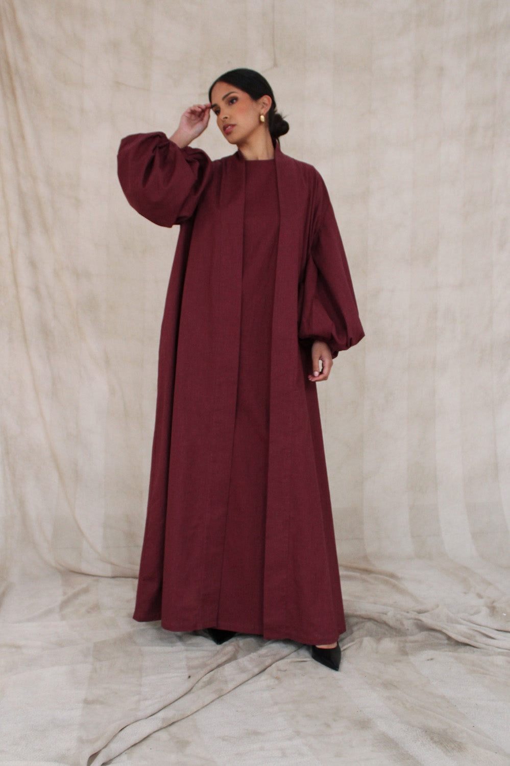 Burgundy Linen Cotton Bell Sleeve Kimono and Slip Set