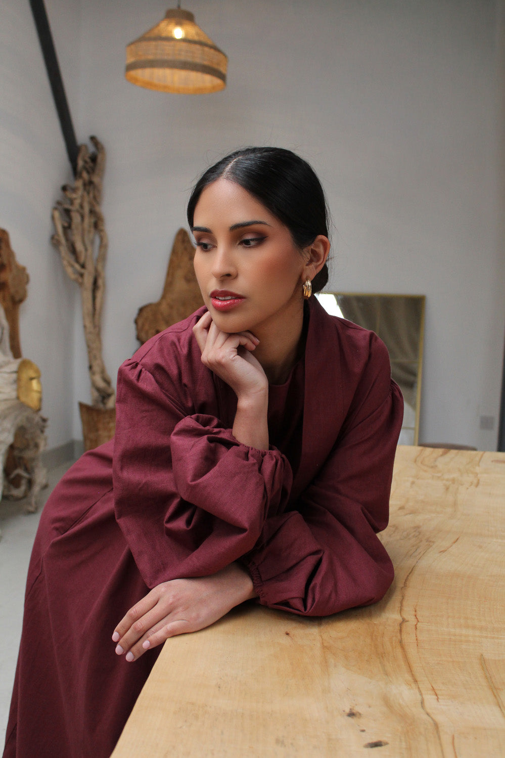 Burgundy Linen Cotton Bell Sleeve Kimono and Slip Set