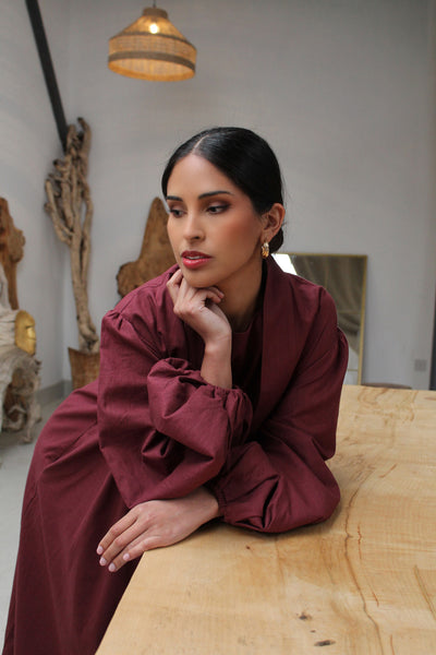 Burgundy Linen Cotton Bell Sleeve Kimono and Slip Set