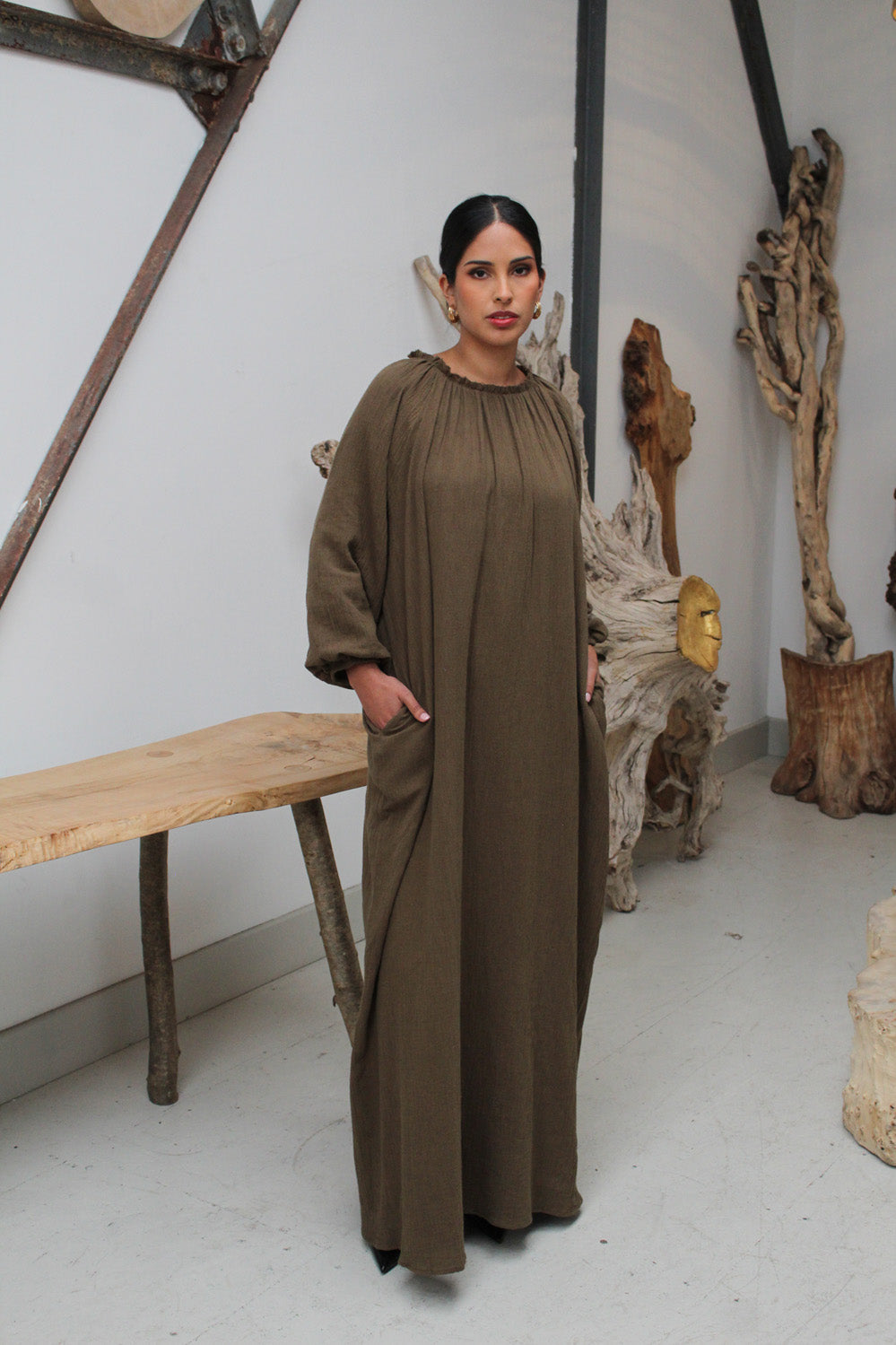 Olive Gathered Neck Maxi Dress