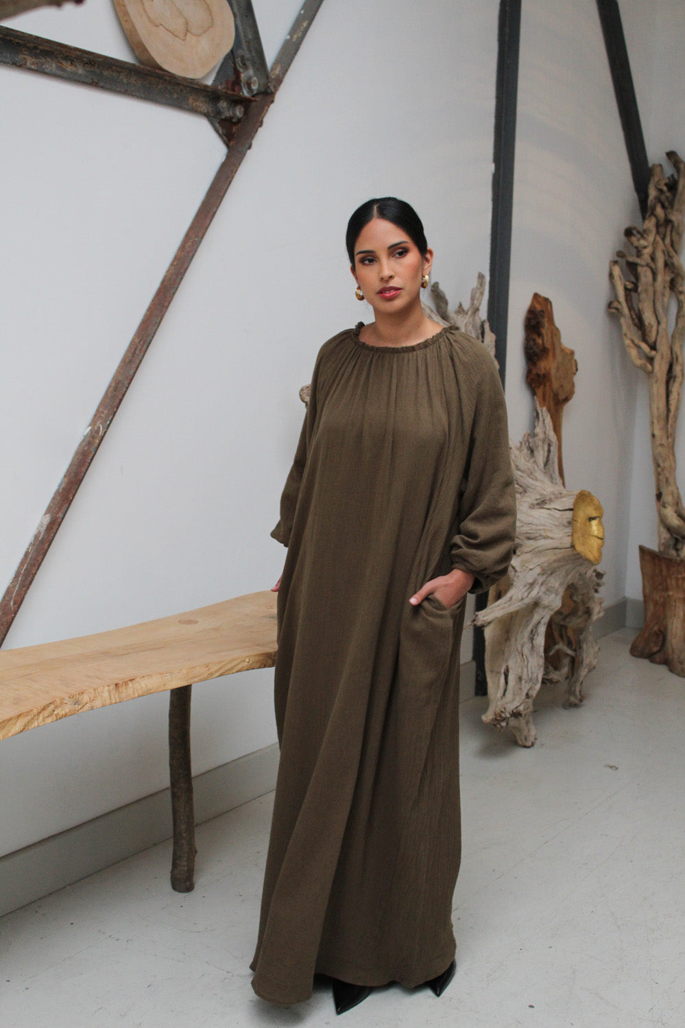 Olive Gathered Neck Maxi Dress