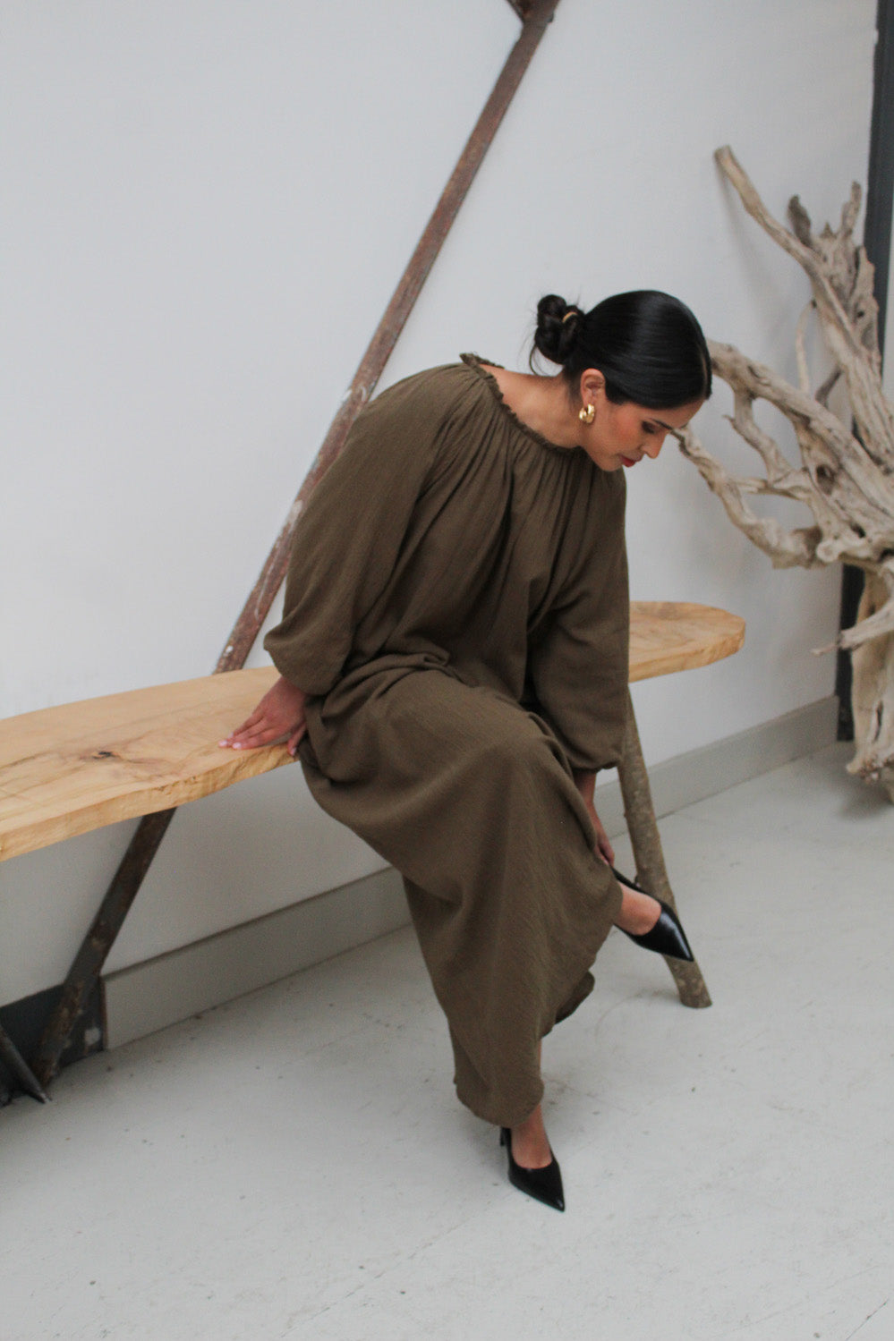 Olive Gathered Neck Maxi Dress