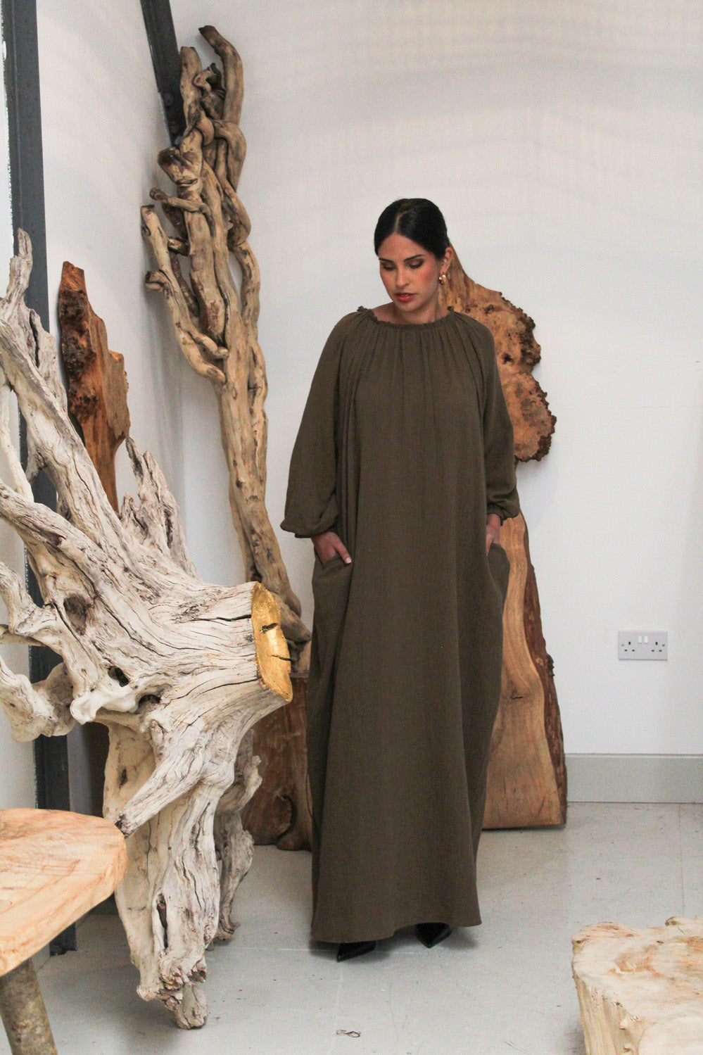 Olive Gathered Neck Maxi Dress