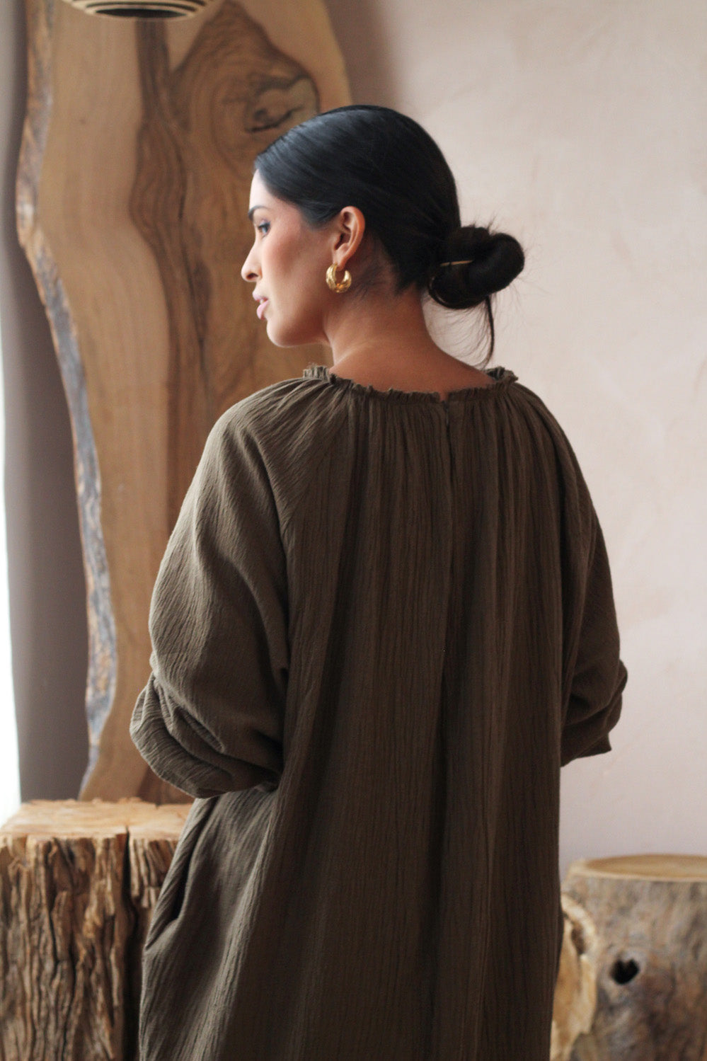 Olive Gathered Neck Maxi Dress