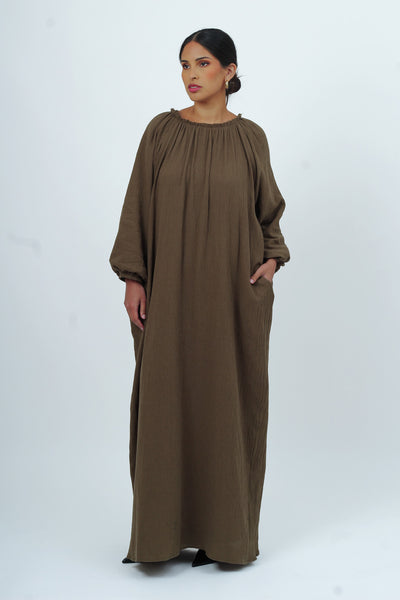Olive Gathered Neck Maxi Dress