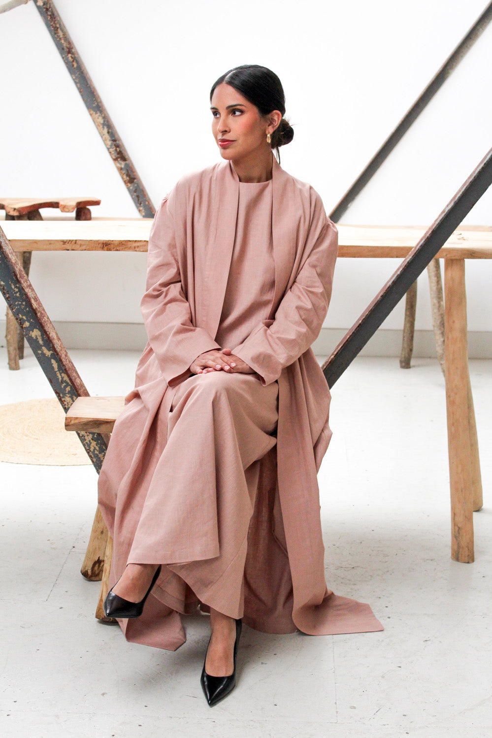 Dusty Pink Wide Sleeve Kimono Slip Dress Set