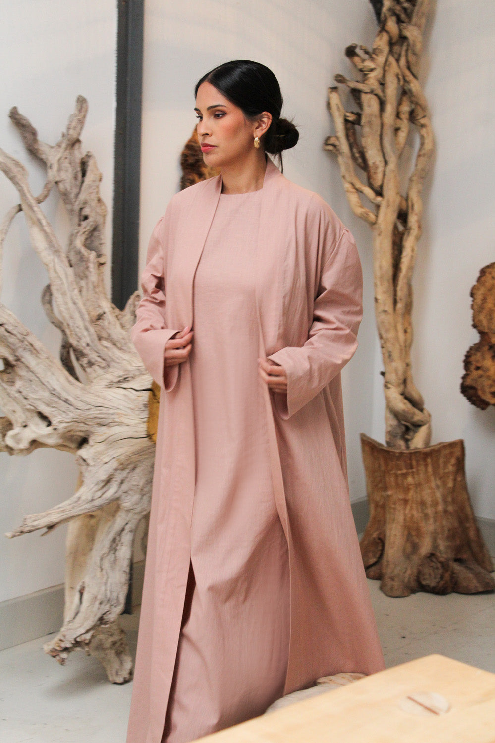 Dusty Pink Wide Sleeve Kimono Slip Dress Set