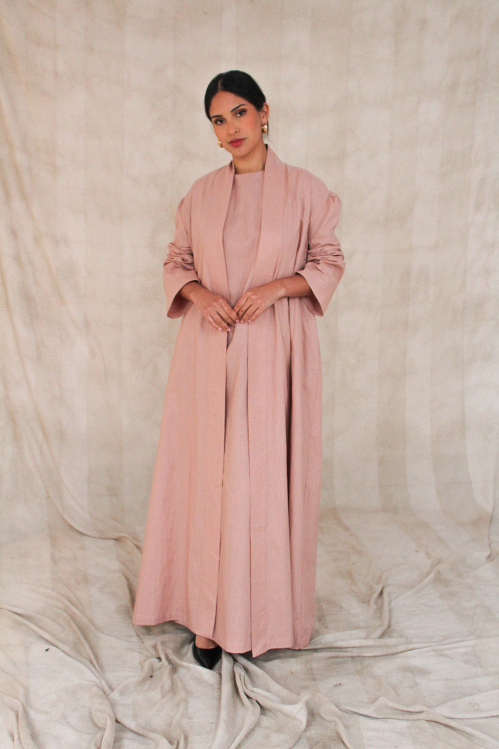 Dusty Pink Wide Sleeve Kimono Slip Dress Set