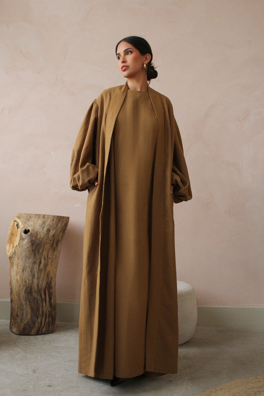 Coffee Linen Cotton Bell Sleeve Kimono and Slip Set
