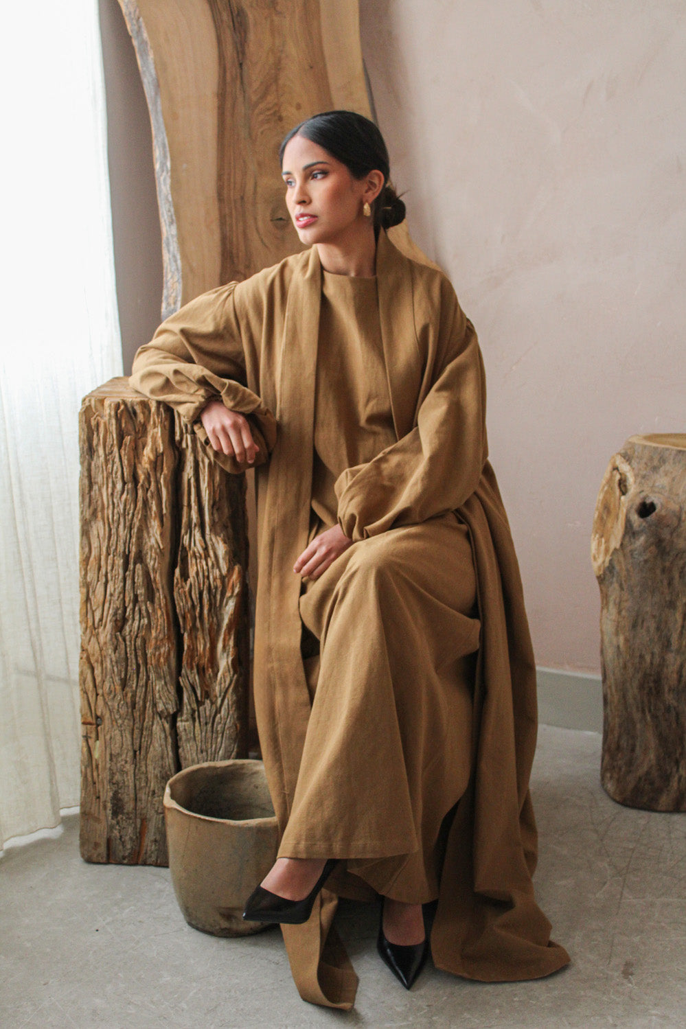 Coffee Linen Cotton Bell Sleeve Kimono and Slip Set
