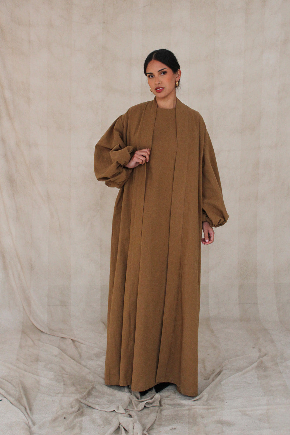 Coffee Linen Cotton Bell Sleeve Kimono and Slip Set