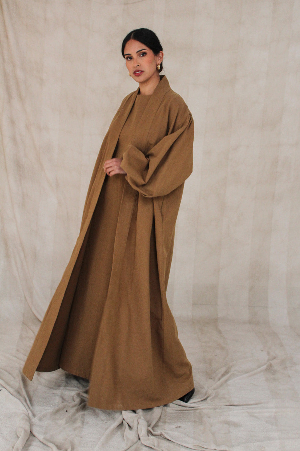 Coffee Linen Cotton Bell Sleeve Kimono and Slip Set