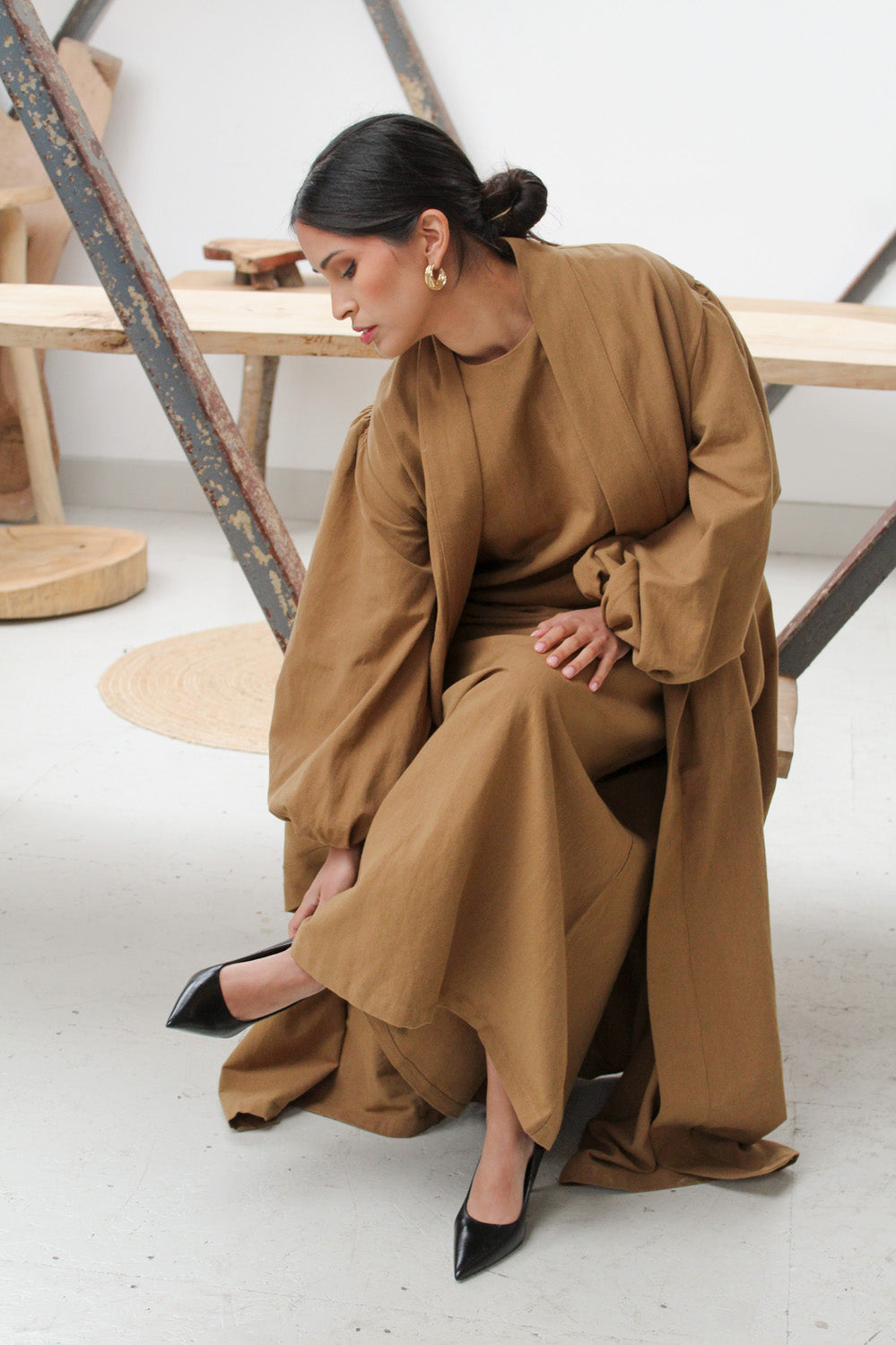 Coffee Linen Cotton Bell Sleeve Kimono and Slip Set