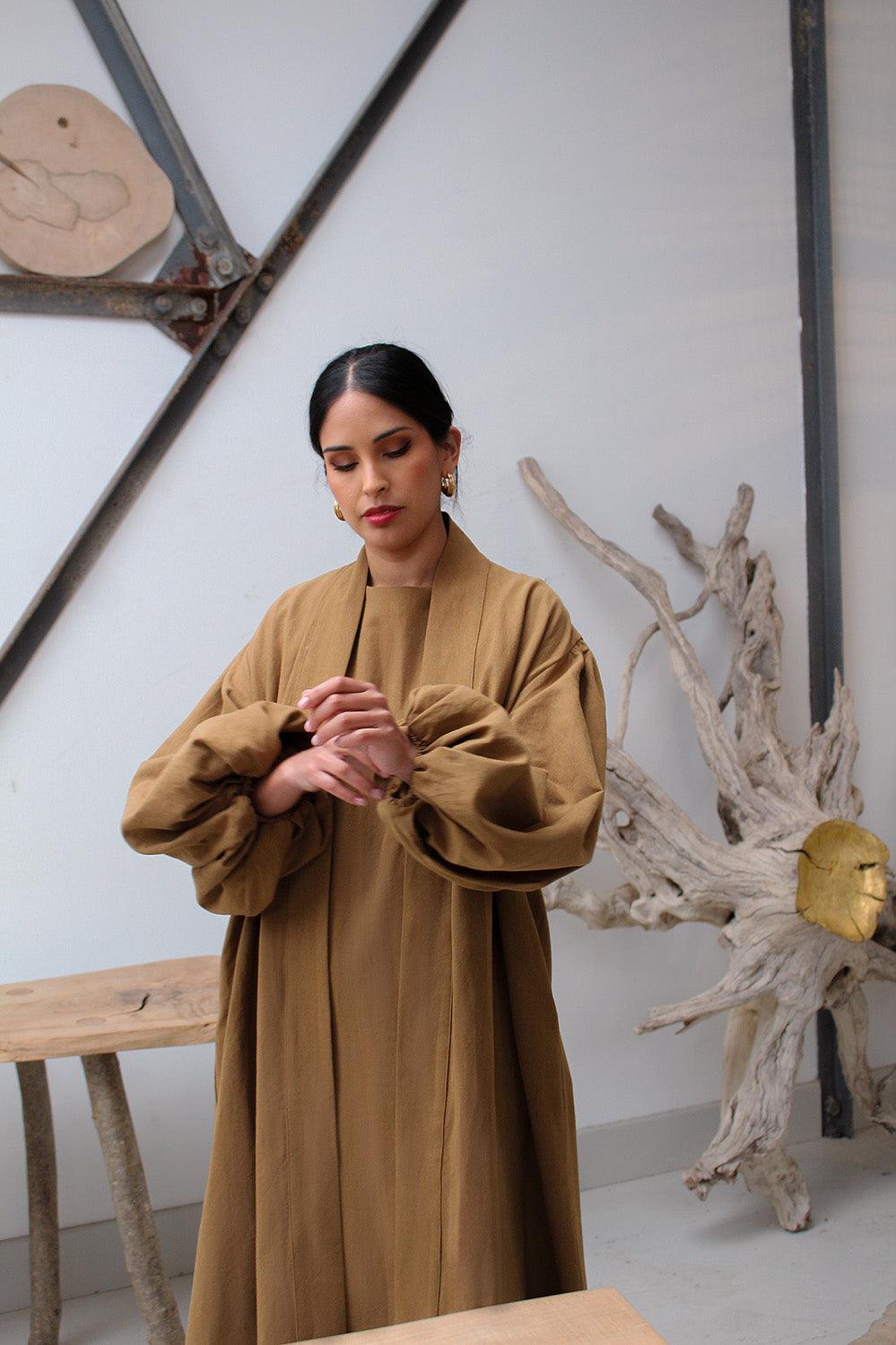 Coffee Linen Cotton Bell Sleeve Kimono and Slip Set