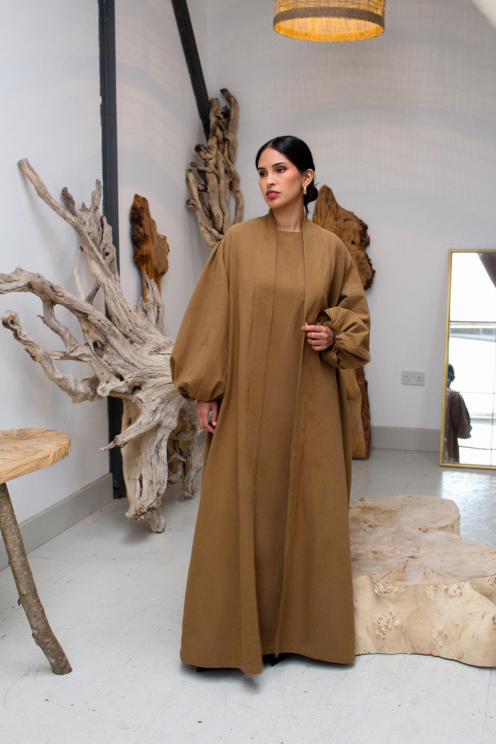 Coffee Linen Cotton Bell Sleeve Kimono and Slip Set