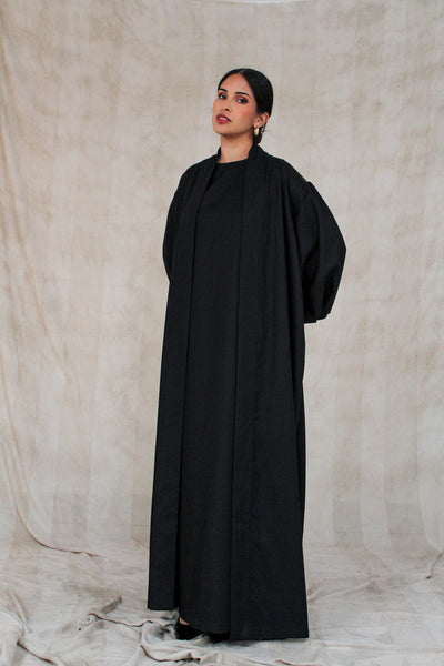Black Linen Cotton Bell Sleeve Kimono and Slip Set