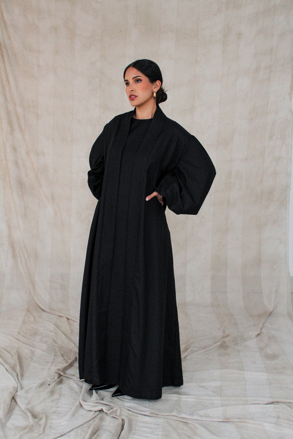 Black Linen Cotton Bell Sleeve Kimono and Slip Set