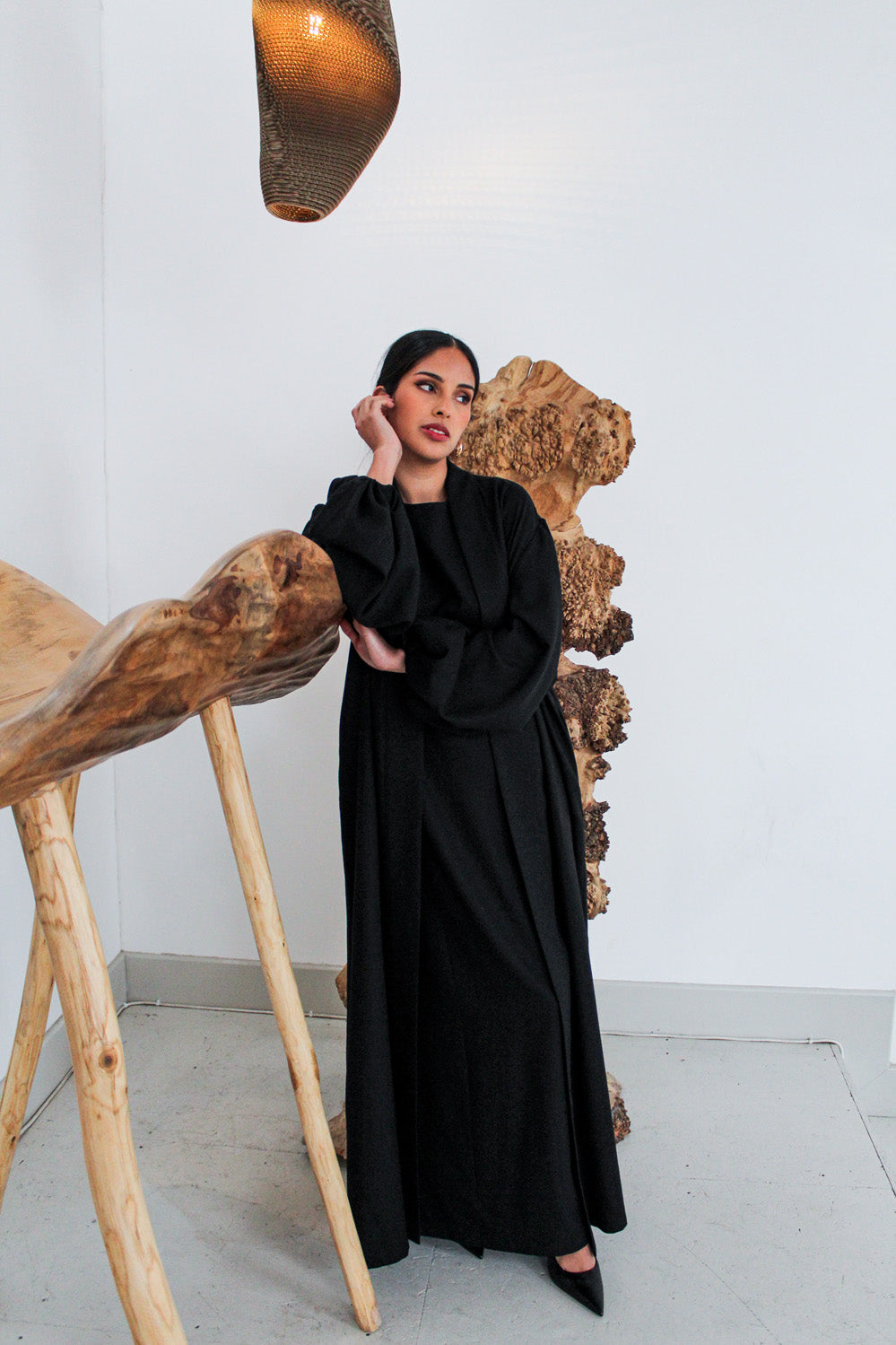 Black Linen Cotton Bell Sleeve Kimono and Slip Set