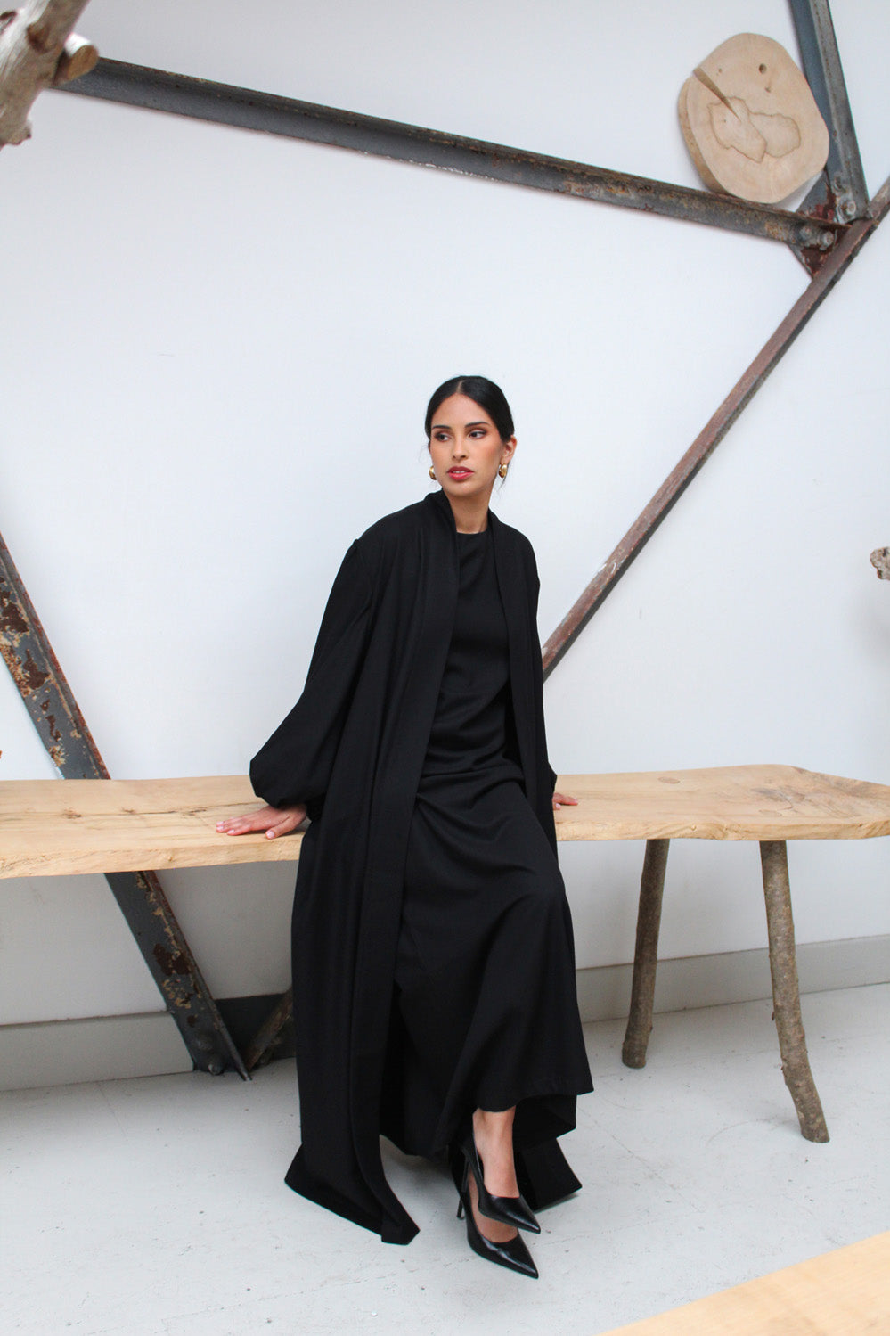 Black Linen Cotton Bell Sleeve Kimono and Slip Set
