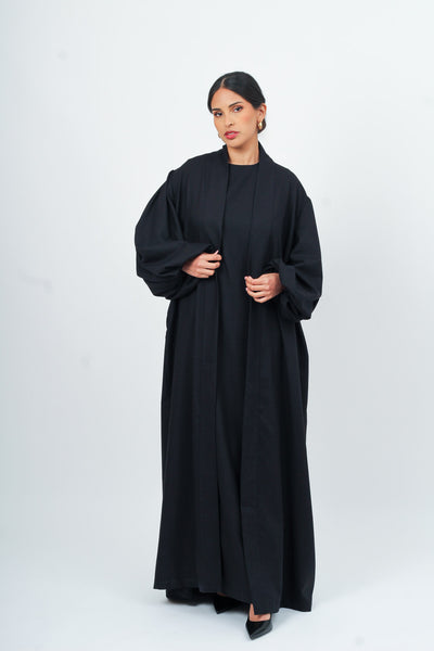 Black Linen Cotton Bell Sleeve Kimono and Slip Set