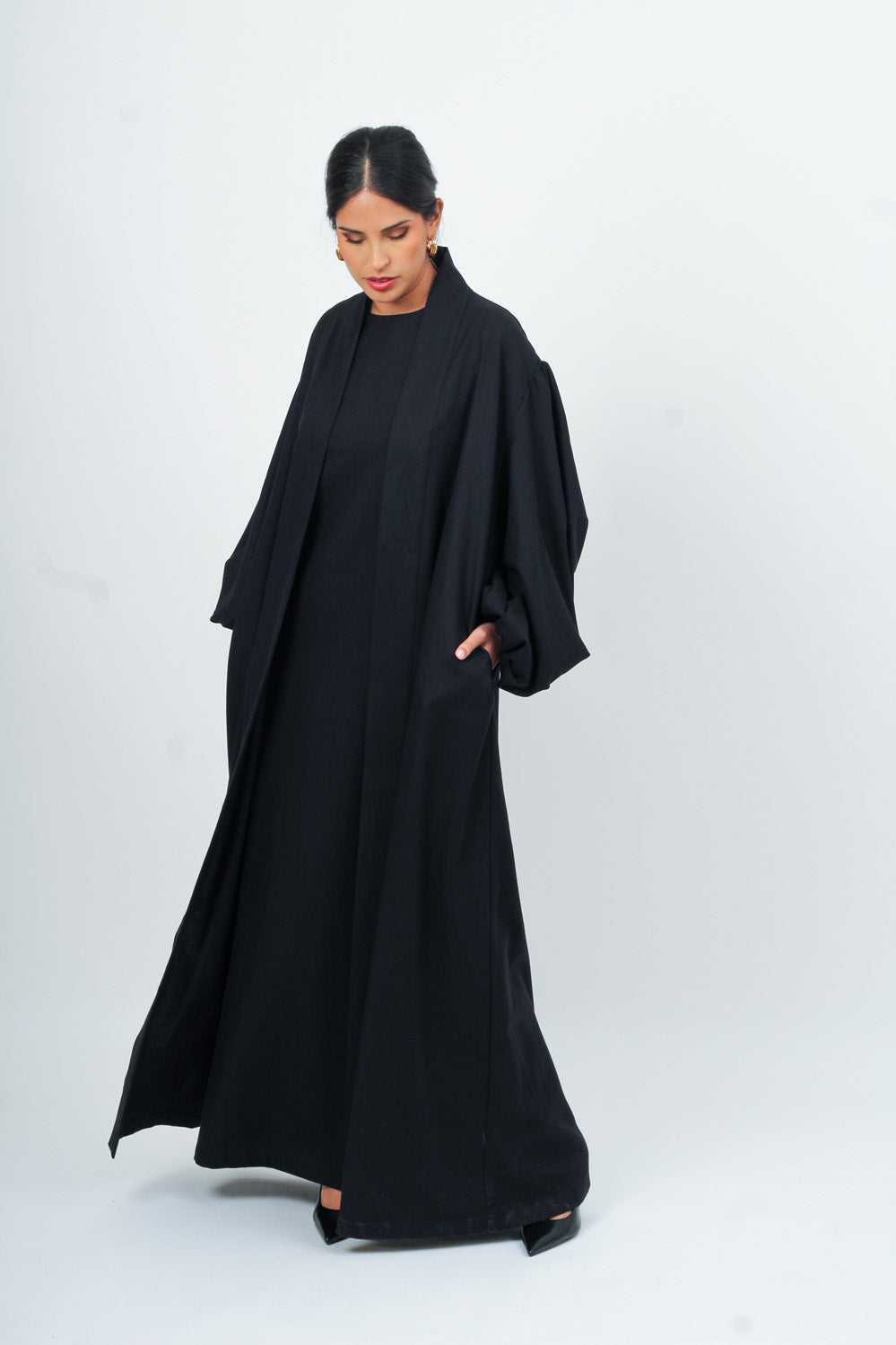 Black Linen Cotton Bell Sleeve Kimono and Slip Set