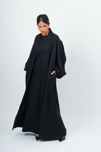 Black Linen Cotton Bell Sleeve Kimono and Slip Set