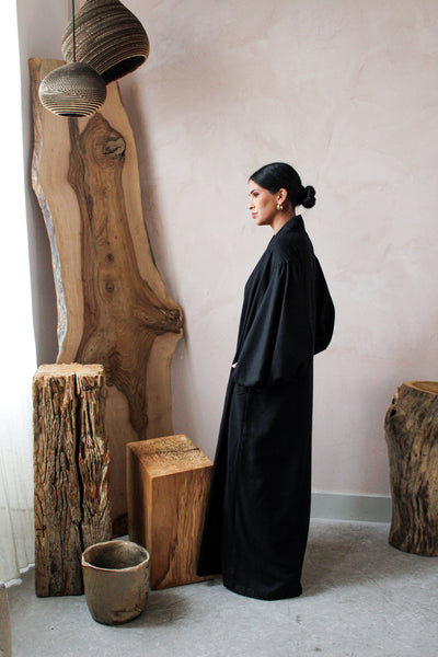 Black Linen Cotton Bell Sleeve Kimono and Slip Set