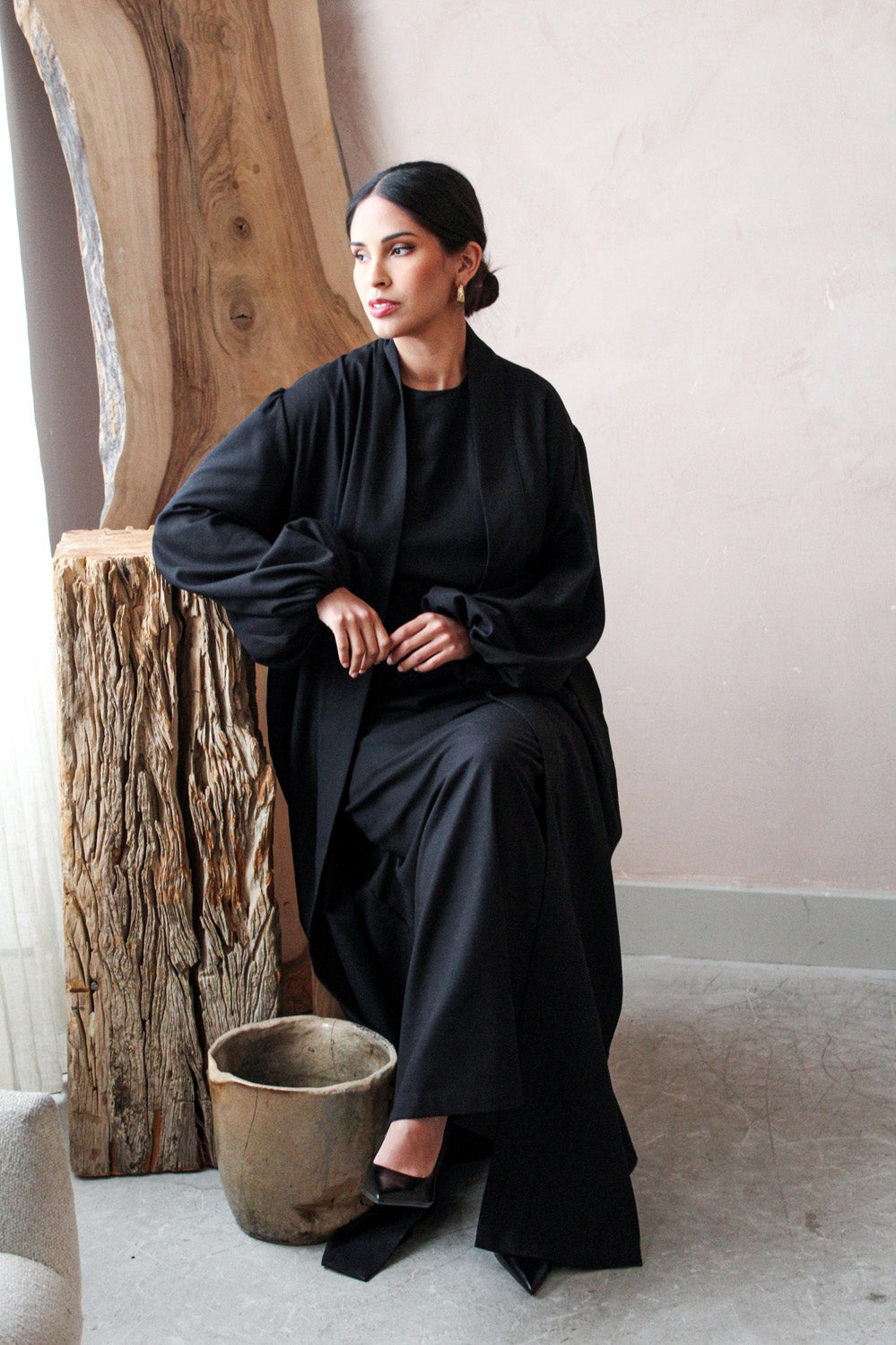 Black Linen Cotton Bell Sleeve Kimono and Slip Set