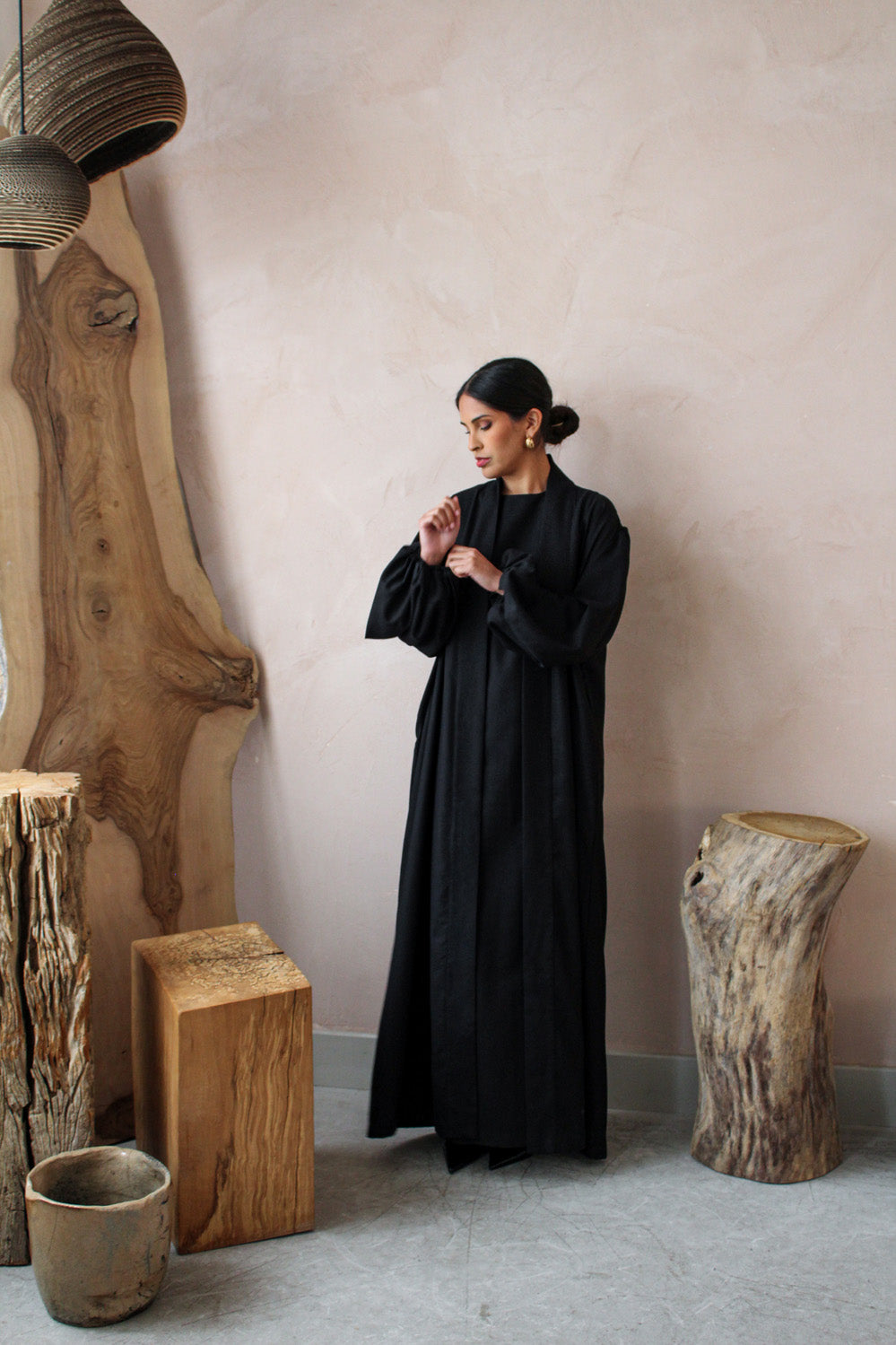 Black Linen Cotton Bell Sleeve Kimono and Slip Set