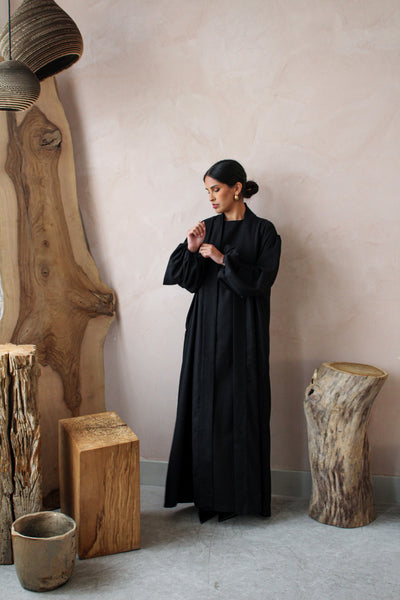 Black Linen Cotton Bell Sleeve Kimono and Slip Set