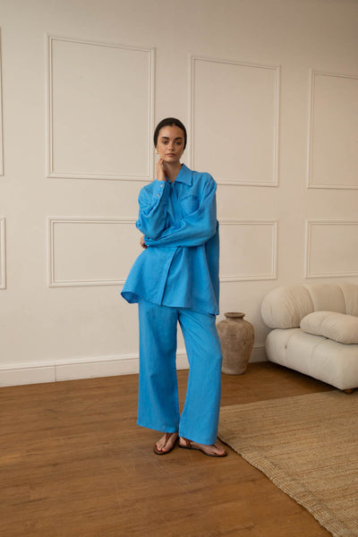 Cobalt Blue Ramie Tencel Shirt & Trouser Set