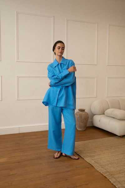 Cobalt Blue Ramie Tencel Shirt & Trouser Set