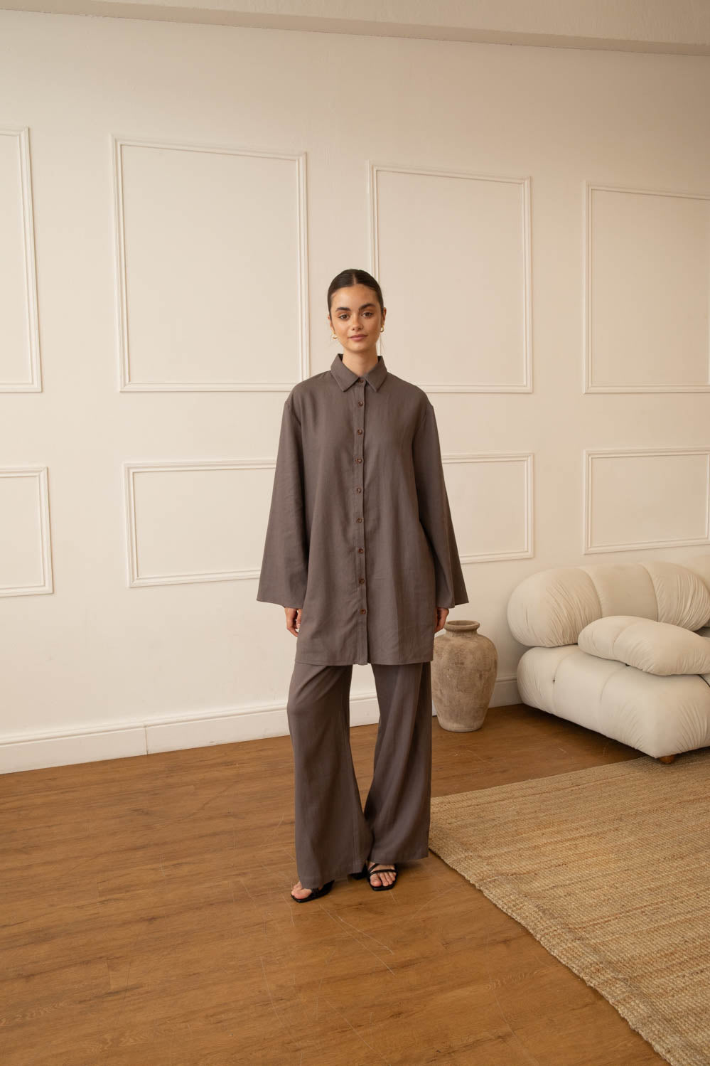 Linen Blend Charcoal Shirt & Trouser Set