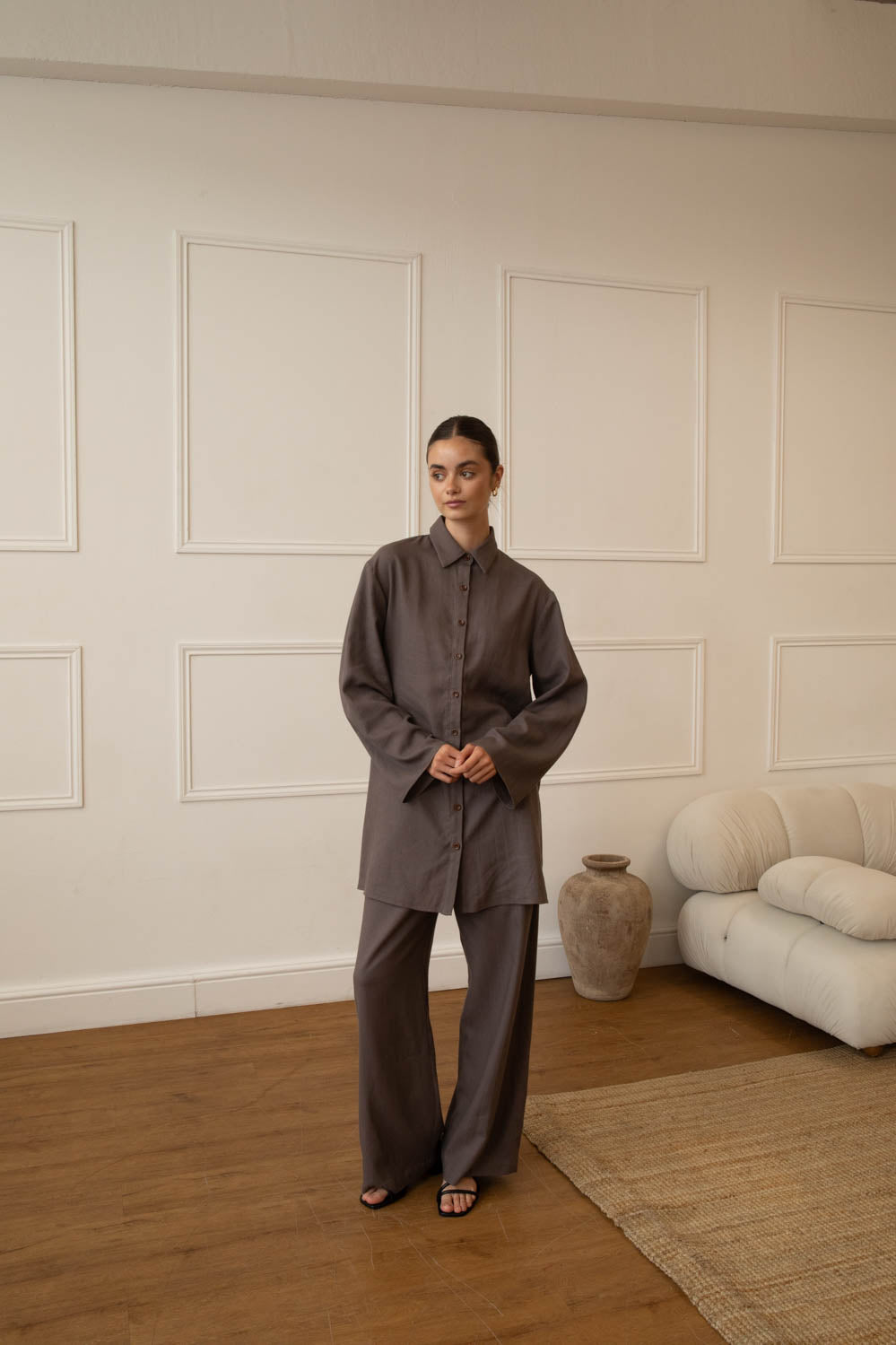 Linen Blend Charcoal Shirt & Trouser Set