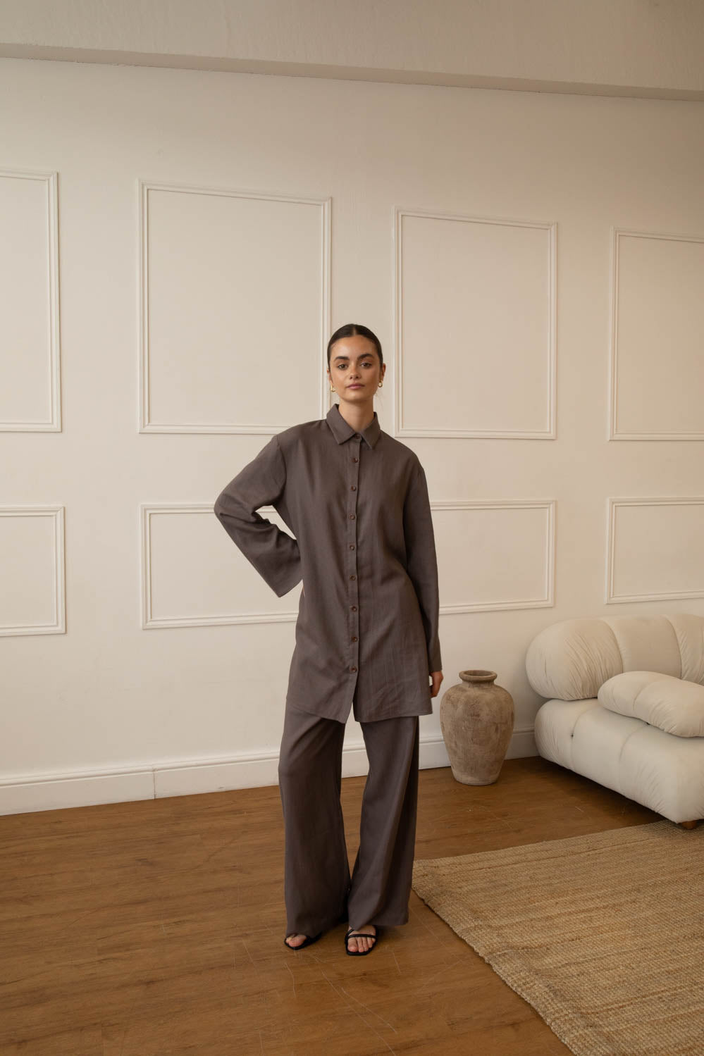 Linen Blend Charcoal Shirt & Trouser Set